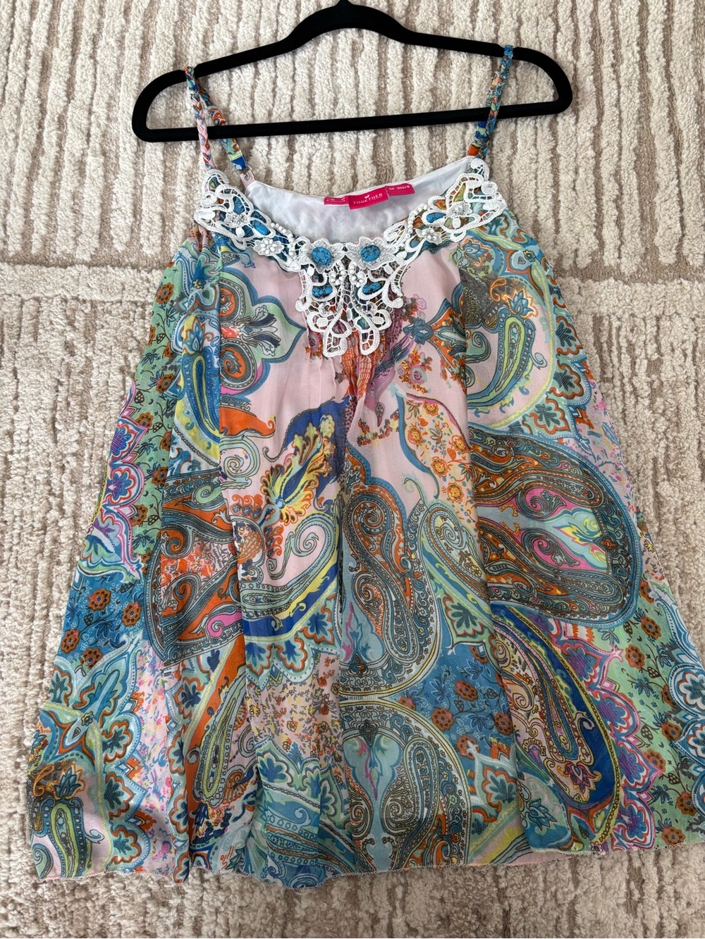 Together Multicolor Paisley Lace Yoke Spaghetti Strap Top